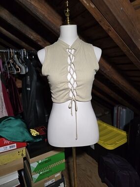 Sleeveless Lace-Up Ribbed Crop Top - Cream
